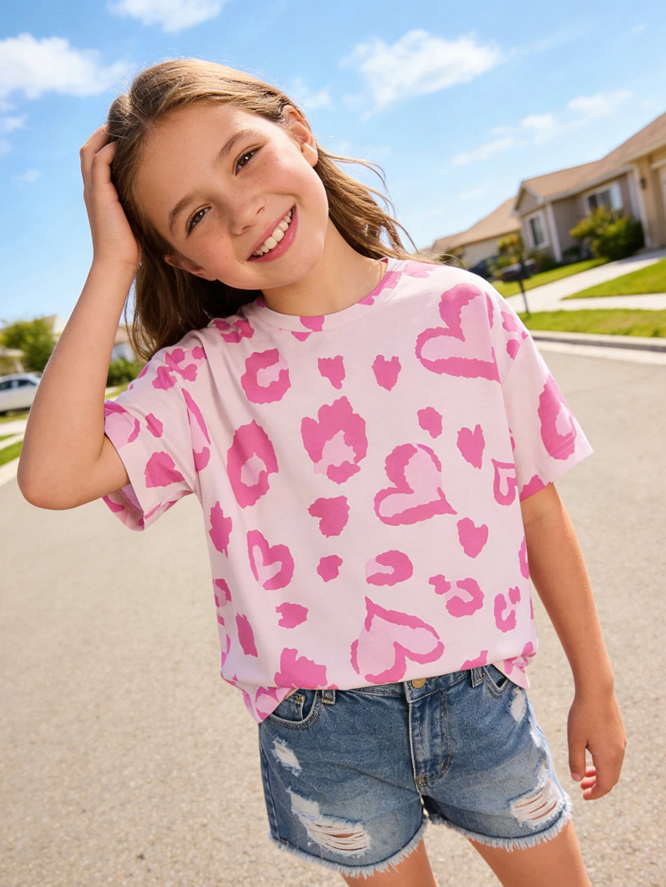 

2026 girls leopard print love print short-sleeved T-shirt, loose summer casual fashion top