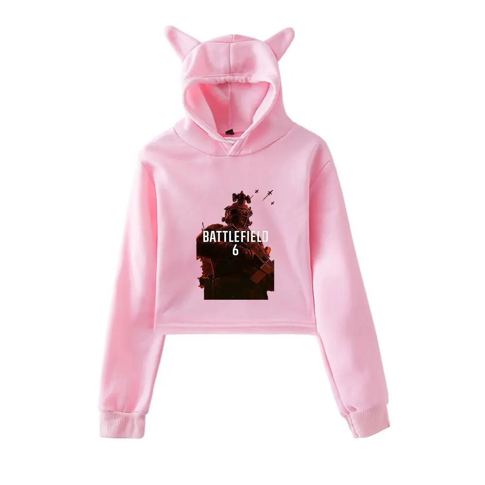 

Battlefield 6 Merch винтажная уличная одежда 90-х годов с логотипом, толстовки с капюшоном для девочек, укороченный модный спортивный пуловер с кошачьими ушками