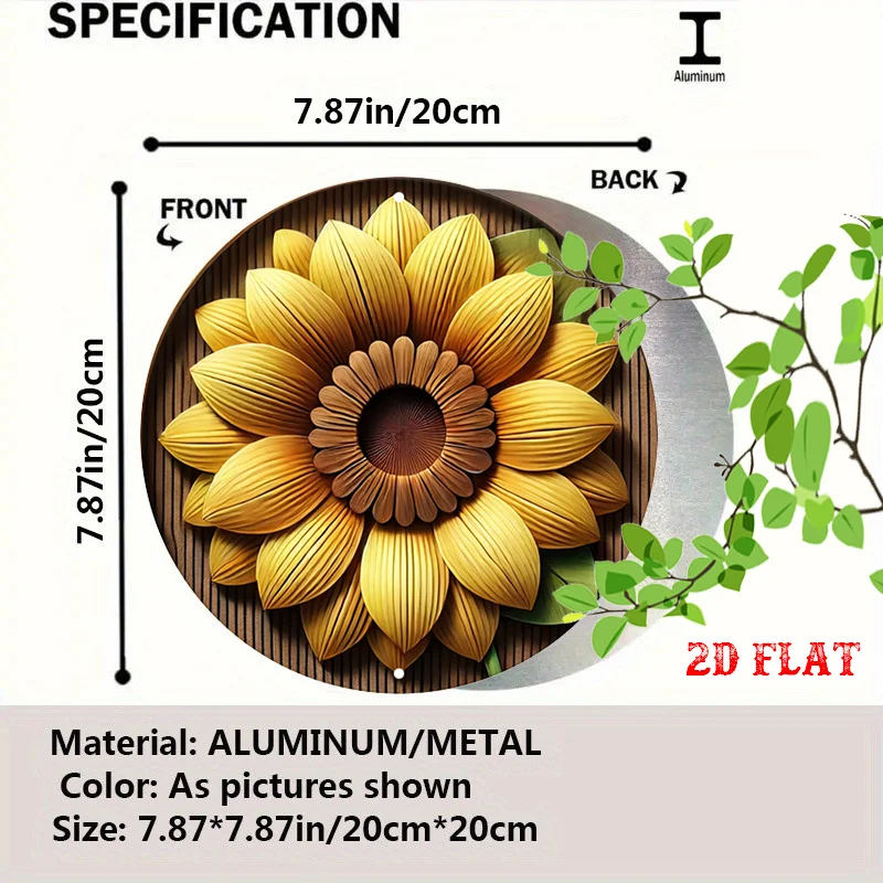 2D Flat, 1pc Vintage Sunflower Metal Wall Art - Rustic Aluminum Round Sign with Large Yellow Sunflower & Brown Petals