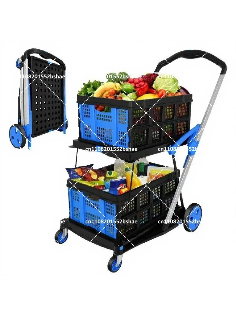 Heavy Duty Utility Cart 2-Tier Collapsible Shopping Cart with Baskets Multi Use Foldable Grocery Cart