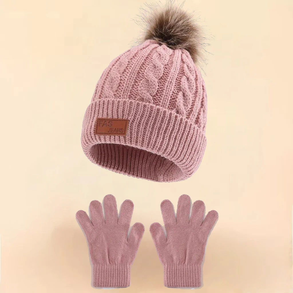 Confezione da 2 cappelli e guanti in maglia caldi per bambini, con un'unica pallina; Adatti per attività all'aperto in autunno e in inverno