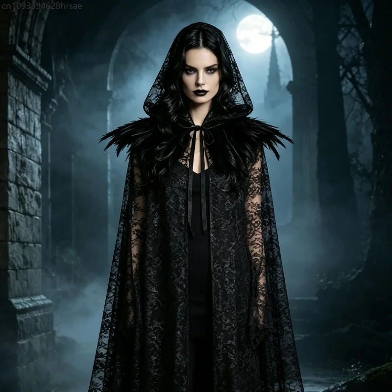Capa con Capucha de Encaje Negro Transparente para Mujer, con Cuello de Plumas, Estilo Gótico, Disfraz de Bruja o Vampiresa para Halloween, Túnica Medieval para Cosplay