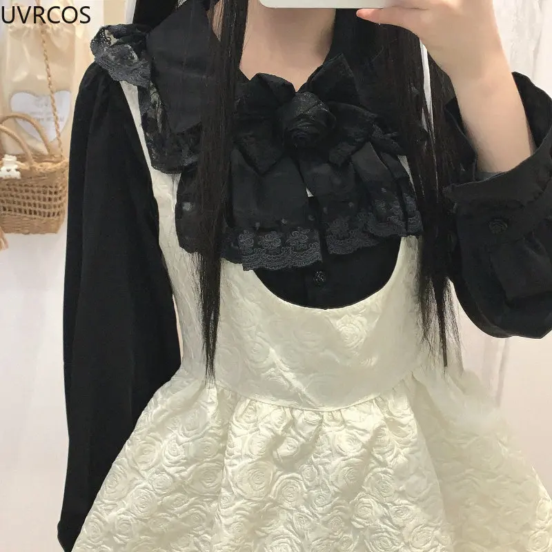 Victorian Vintage Lolita Blouses Women White Kawai Lace Peter Pan Collar Rose Bow Chiffon Shirts Black Elegant Long Sleeved Top