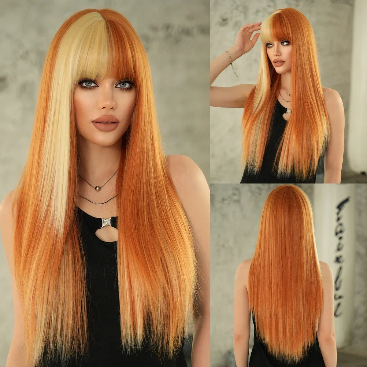 

NAMM Synthetic Long Body Straight Blonde Orange Hair Wig With Bangs For Women Daily Party High Density Hair Ombre Wig