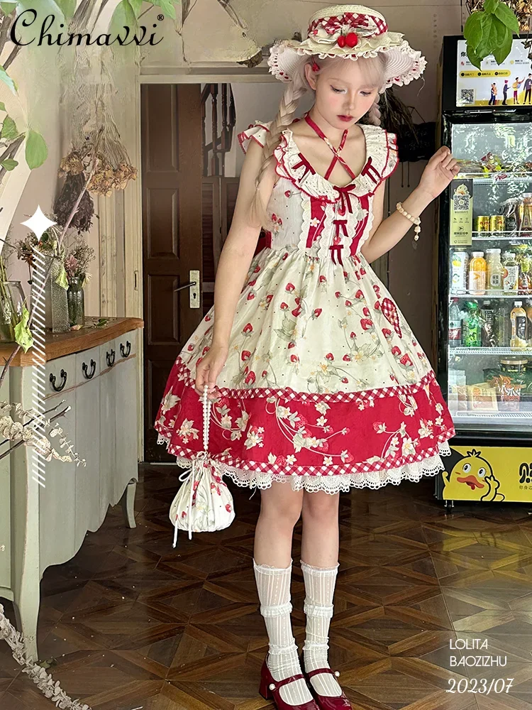 

Sweet Cute Lolita Dresses Ruffles Round Neck Cross Lace-up Halterneck Sleeveless Bow Print High Waist A-Line Dress Women Summer