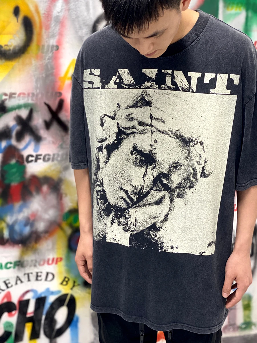 الرجال النساء النسيج الثقيل للجنسين تي شيرت علوي 2025ss سانت تي شيرت