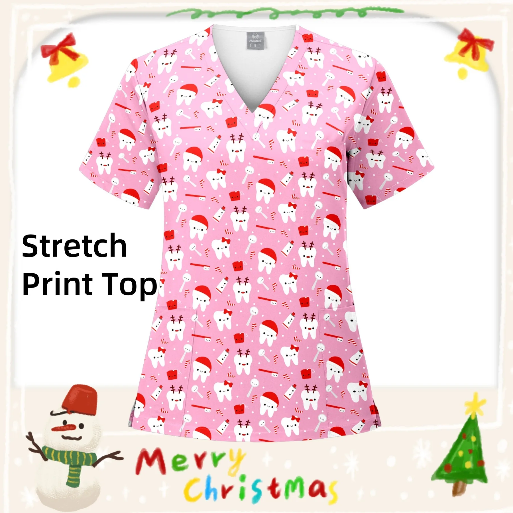 Женский хирургический топ с рождественским принтом и карманом, скраб с v-образным вырезом, униформа для спа-ухода, футболка для ухода за домашними животными, хирургическая униформа медсестры