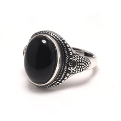 Real Pure 925 Sterling Silver Natural Black Onyx Stone Rings For Women Vintage Style Thai Silver Resizable Open Type