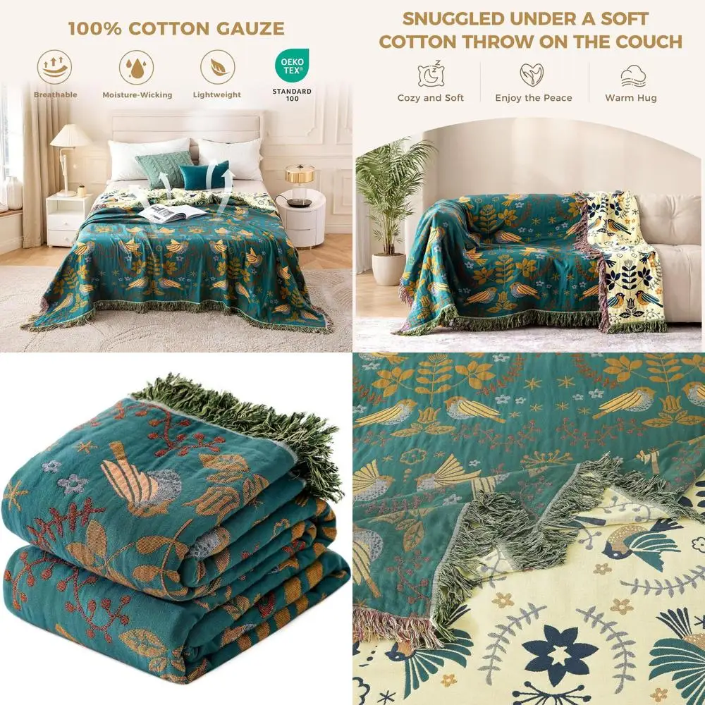 

Плед в стиле бохо из 100% хлопка, 90x98 см, с вышивкой птиц и цветов, для кровати и дивана, мягкий сезонный чехол