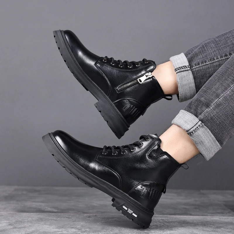 Brown and Black Genuine Leather Men Lace Up Boots Winter Warm Plush Shoes Outdoor Casual High Quality Cowboy Leather Ankle Boots