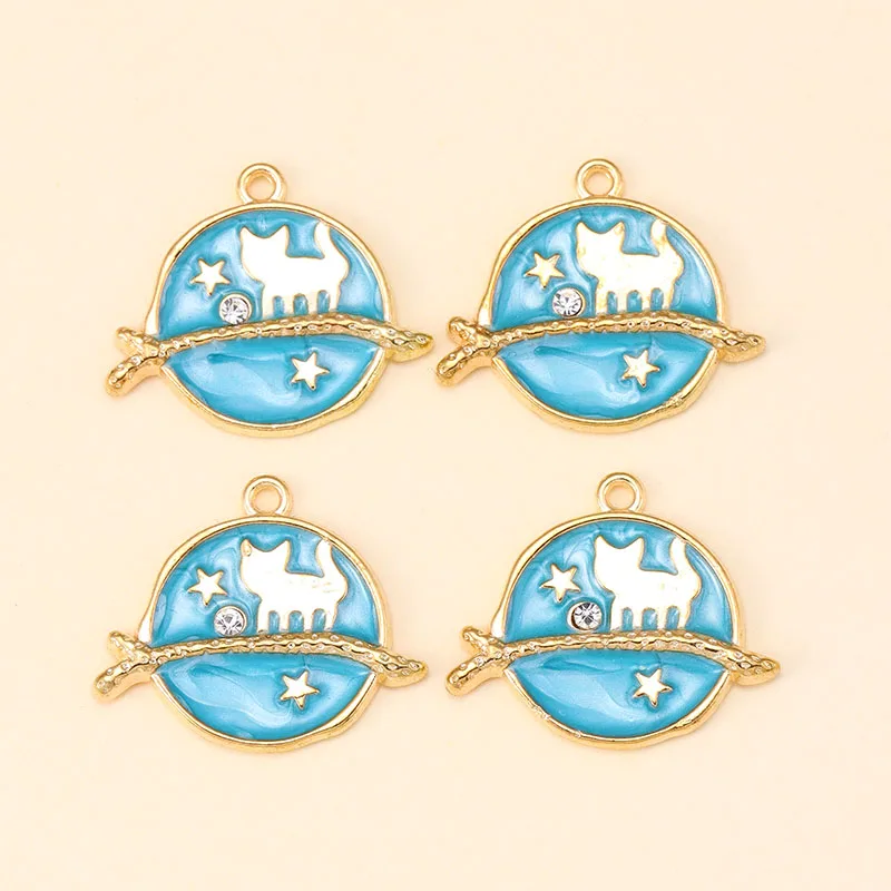 10Pcs 5 Colors Enamel Cartoon Cat Planet Charms Oil Drip Metal Pendant For Handmade Bracelets Necklace Jewelry DIY Accessories