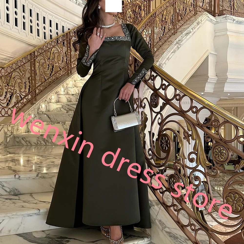 Modern Green Satin A-Line Evening Dress Formal Floor Length Square Neck Sweep Train Pleats Beading Long Sleeves Zipper Back