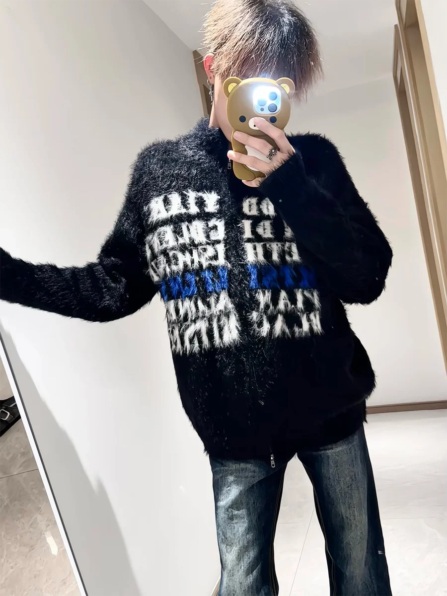 

American Sle Letter Embroidery Zipper Collar Sweater Jaet Men's Street Lazy Sle Fur Cardigan Knitted Top