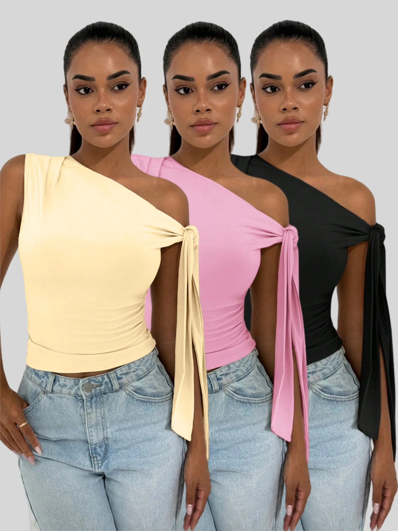 Damen One-Shoulder Ruched Crop Top 3er-Pack Sexy Ärmelloses Cami-Top-Set mit Bindedetail