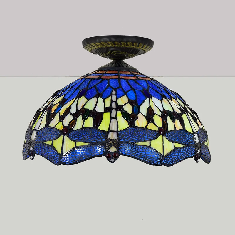 Modern Tiffany Round Yellow Bottom Dragonfly Colored Glass Ceiling Lamp Living Room Bedroom Home 220W Luxury LED Ceiling Lamp