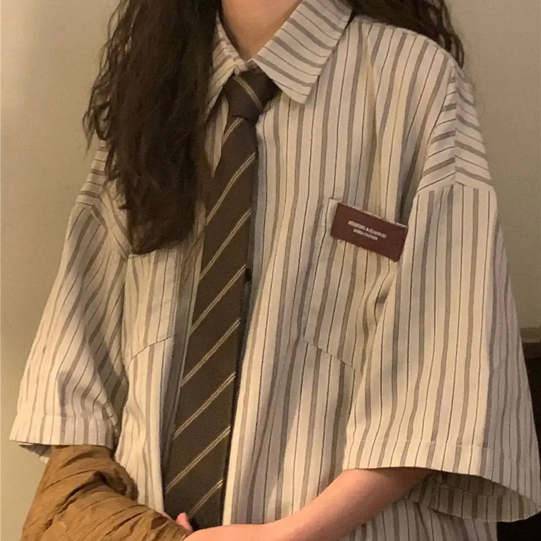 Shirt High Quality Striped With A Tie Fitting Loose Versatile College Wind Short Sleeved Vintage Clothe Top Japanese Women Shirt