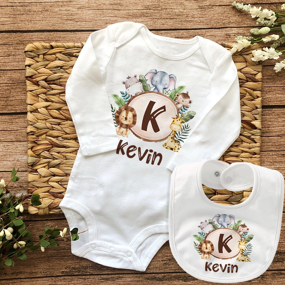 2PCS Initial with Name Matching Baby Bib & Bodysuit Personalised Newborn Bibs Romper Set Baby Summer Outfit Infant Shower Gifts