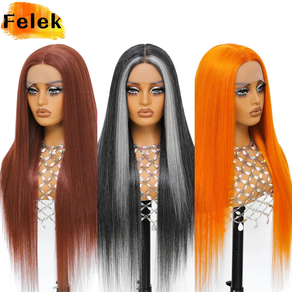 

Felek Long Black Synthetic T Part Lace Wigs Silky Straight 13x5 Lace Front Wig Purple Pre-Plucked Hairline Wig For Fashion Women