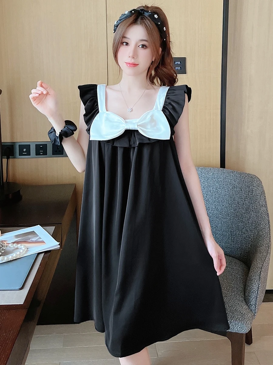 Summer New Ice Silk Sexy Large Size Elegant Lace Sweet Bow Home Wear Girls Square Collar A-line Ruffles Suspender NightDress