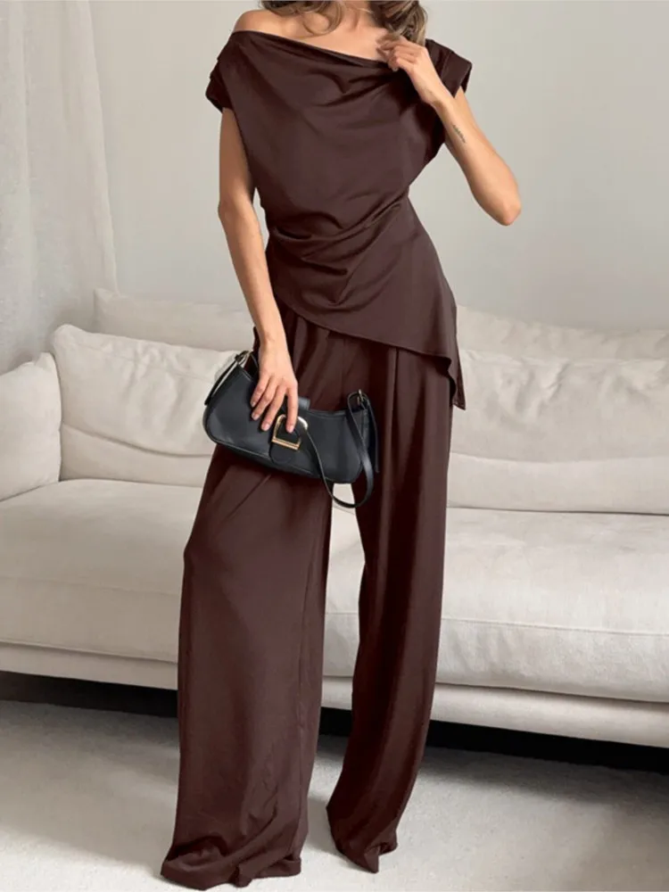 

Summer Fashion Solid Two Piece Sets Women Elegant Slim Office Suit 2026 New Casual Irregular Top And Wide Leg Pants 2 Piece Set