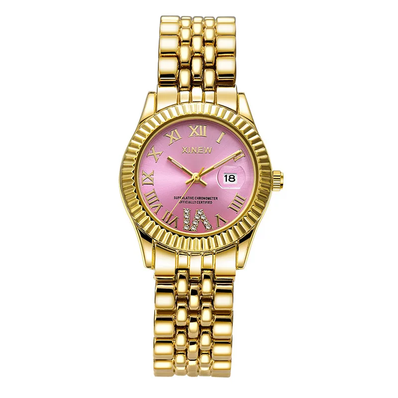 Relogios Feminino Fashions Women XINEW Brand Watches Girls Fashion Casual Alloy Band Calendar Quartz Watch Golden Reloj Mujer