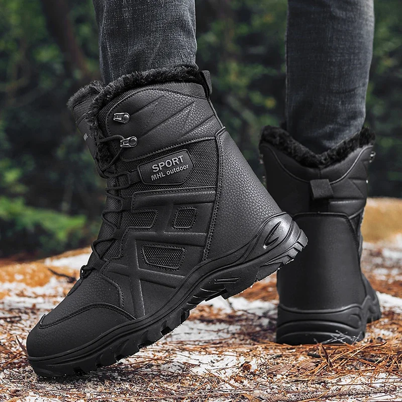 Botas de caminhada de couro impermeável para homens, super quente, top alto, tamanho grande, tênis ao ar livre, botas de neve de inverno, alta qualidade