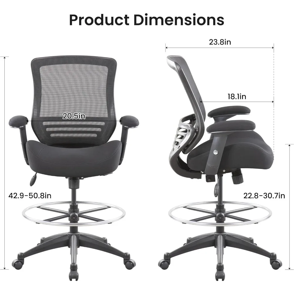 Ergonomic Mesh Drafting Chair with Adjustable Foot Ring and Height-Adjustable Armrests - 400lbs Capacity, Black