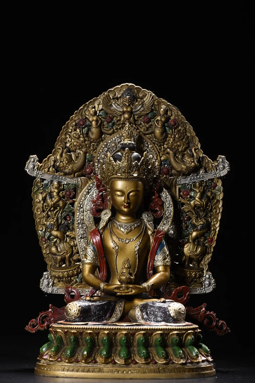Folk  Old Bronze Painted High Relief Amitabha Longevity Buddha Double Lotus Buddha Terrace GARUDA Beast Backlight Worship Hall