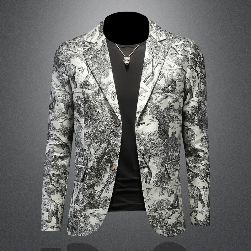 

2025 Autumn Jacquard Suit Jacket for Men Slim Fit Casual Business Men Blazers Street Wear Retro Social Wedding Groom Blazer