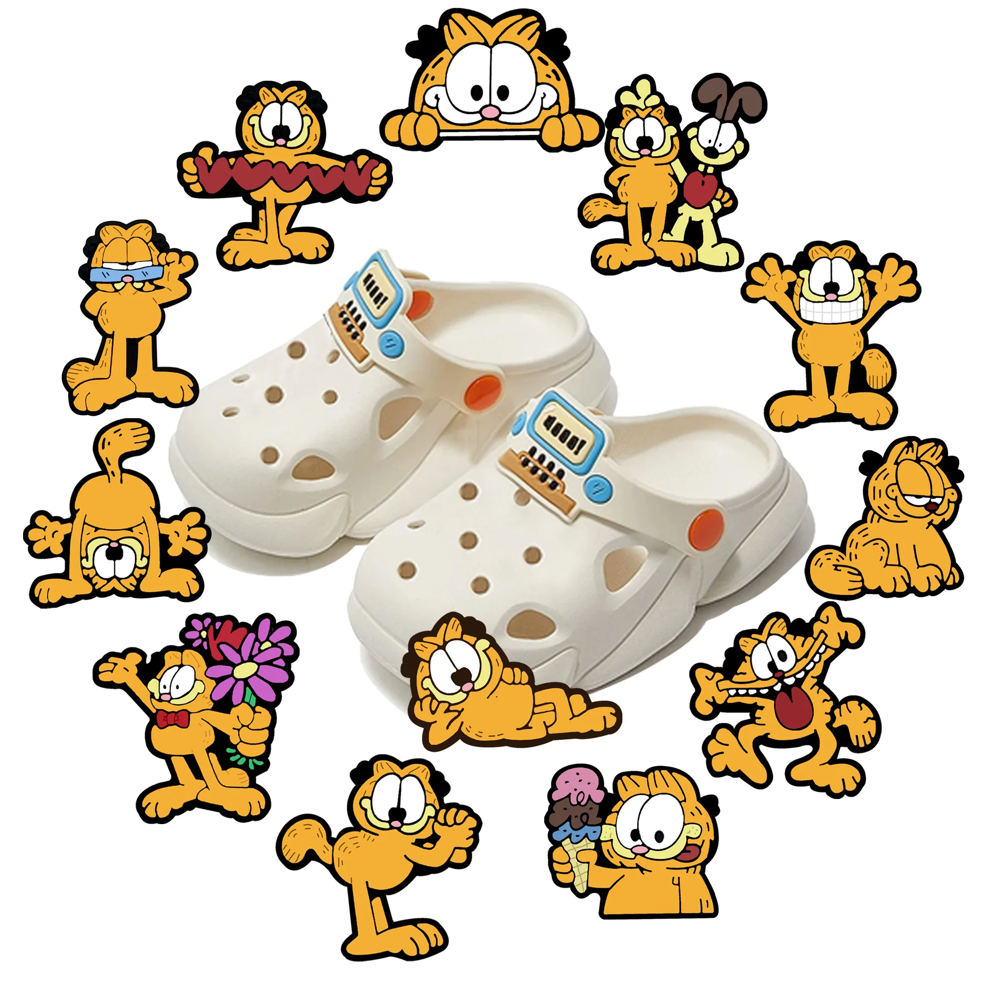 Garfield-Zapatillas con dijes de gato, accesorios bonitos de decoración, sandalias de figuras de juego de flores, adorno, hebilla de zapato, 12 piezas