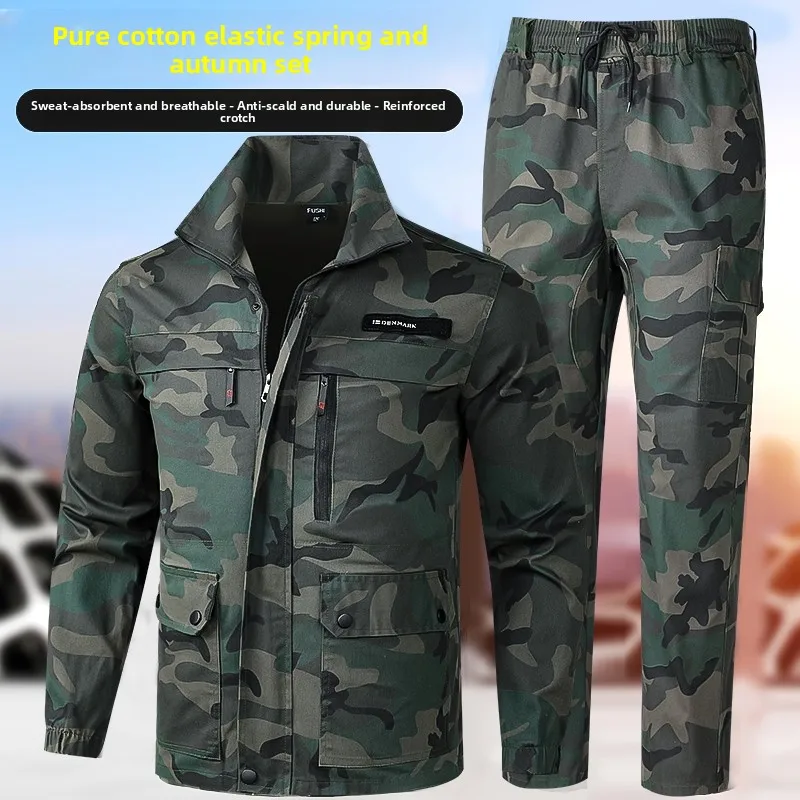 

Men's Pure Cotton Stretch Camouflage Workwear Suit Spring Autumn Welding Labor Protection Clothing Anti-Wear Heat Re...