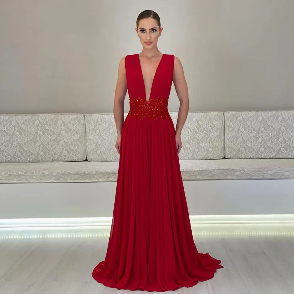 Vestidos de Madre de la novia para mujer, vestidos de invitados para boda, gasa roja con cuentas, ocasión Formal, vestido de fiesta de Gala de noche, 2024