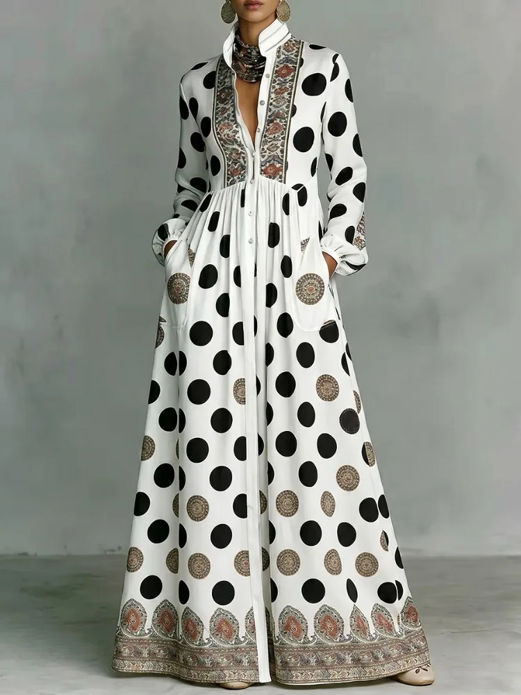 Yeezzi Damen Vintage Polka Dot Ethnisch Bedrucktes Hemdkleid 2026 Neu Langarm Stehkragen Elegantes Abend-Maxikleid