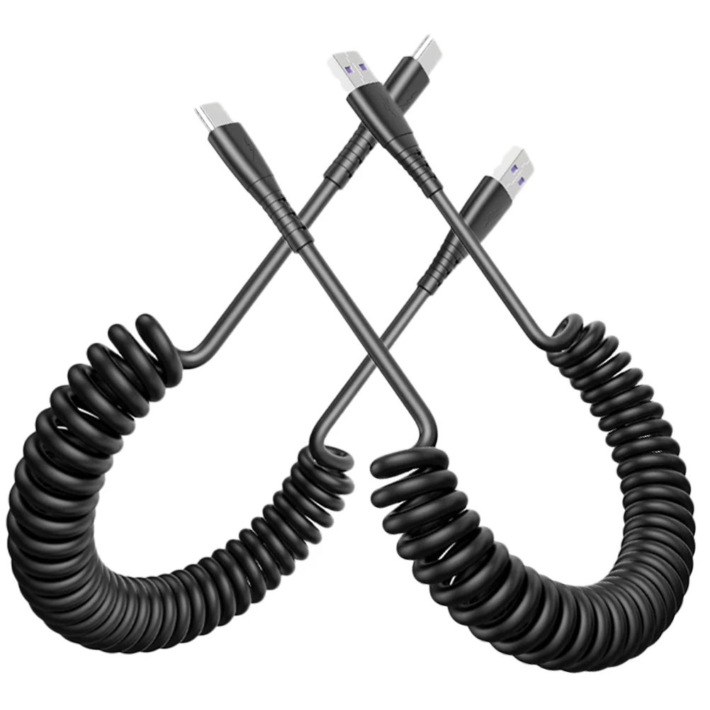 

2 Pcs Type C Cable 1 5m Spring Coiled Data Cord for Car USB Quick Laptop Phone Accessories Black Durable PC ABS High