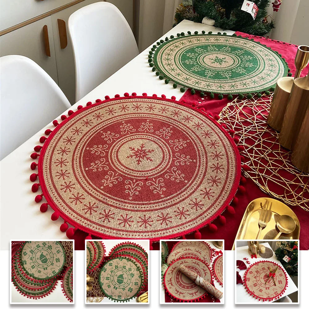 

1PC Christmas Jute Table Mat Burlap Round Placemats Heat Resistant Circle Rustic Table Decoration Wedding Dinner navidad 2025