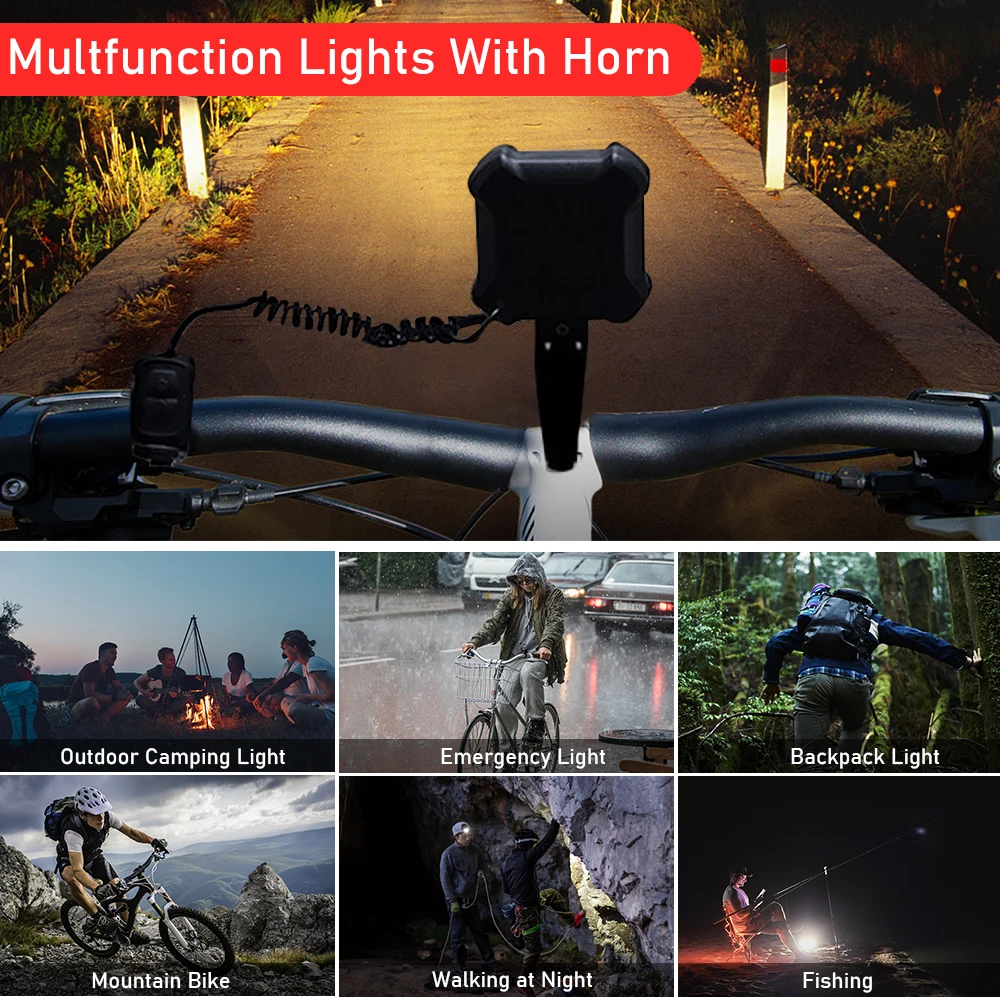 Sectyme Bicycle Light Horn Waterproof IPX6 Waterproof USB Charging Bike Headlight Flashlight 140dB 8 Adjustable Lighting Modes