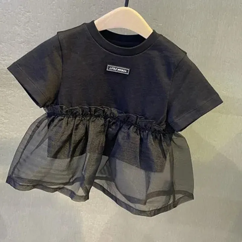 

2-7 Years Girls T-shirt Summer New Patchwork Mesh Short Sleeves Top Children's Baby Summer Foreign Loose T-shirt Kids Clothes