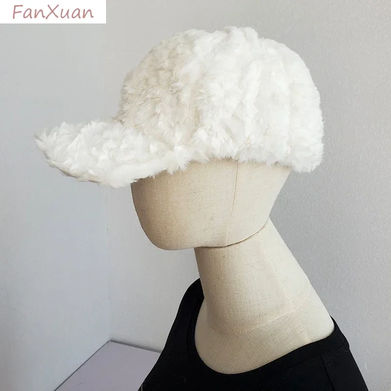 Autumn Winter Baseball Cap for Women Faux Fur Snapback Hats Pink White Beige Plush Fur Hats Women Caps