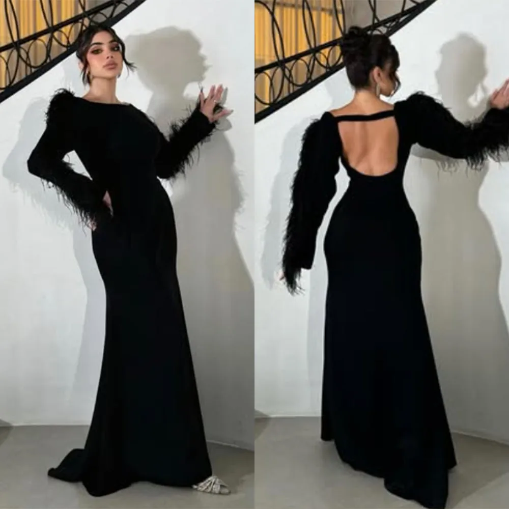 

High Quality Customized Full Sleeves A-line Black Floor Length Feathers Backless Elegant Dresses for Special Event Evening 드레스