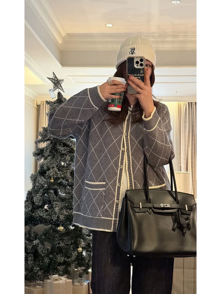 

plus Size Women's Casual Sle Loose Fit Knitted Sweater Diamond Pattern Luxury Light Weight Polyester V-Ne Long Sve Top