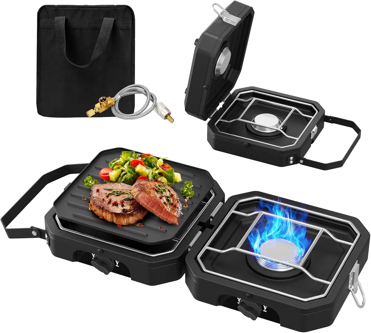 

Portable Propane Camp Stove with Adjustable Heat, 2 Burners & Carry Bag for Outdoor Cooking, Tailgating, BBQ - Black