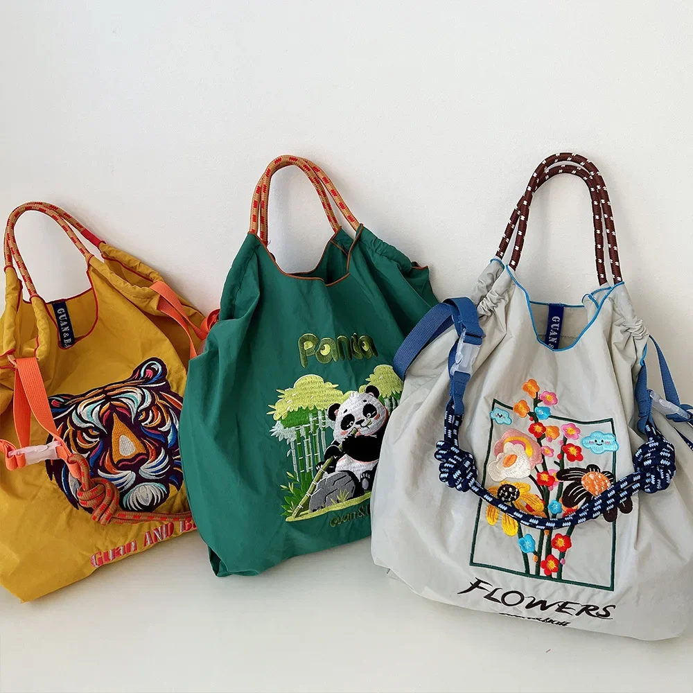 

Tiger Embroidery Tote Bags for Women Eco Bag Overlarge Drawstring Designer Handbags Cartoon Animal Shoulder Bag Reusable Shopper