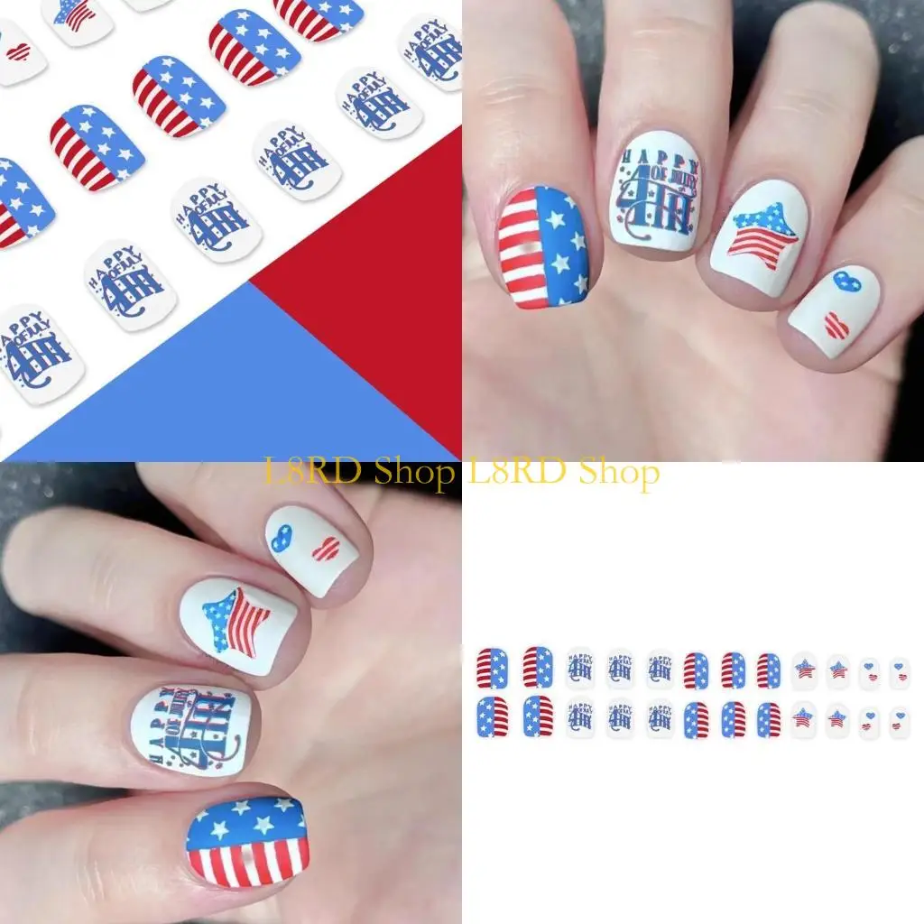 

L8RD 24 Pcs 4th of July on Independence Day Artificial Short False Red Blue Stripe Press On