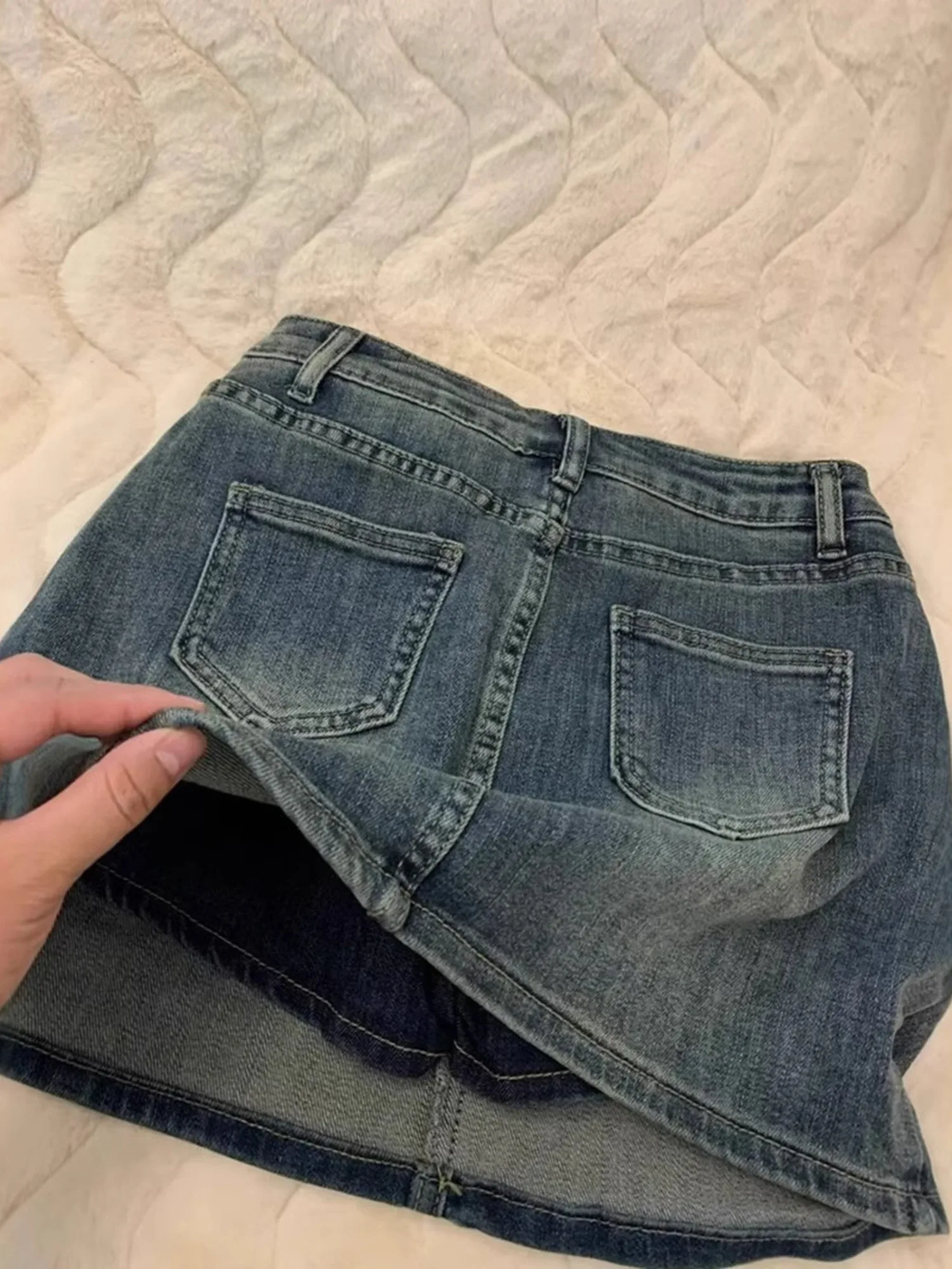 

Women's Vintage Washed Denim Skort High Waist Rivet Pocket Skirt with Built-in Shorts Dark Blue XS-3XL