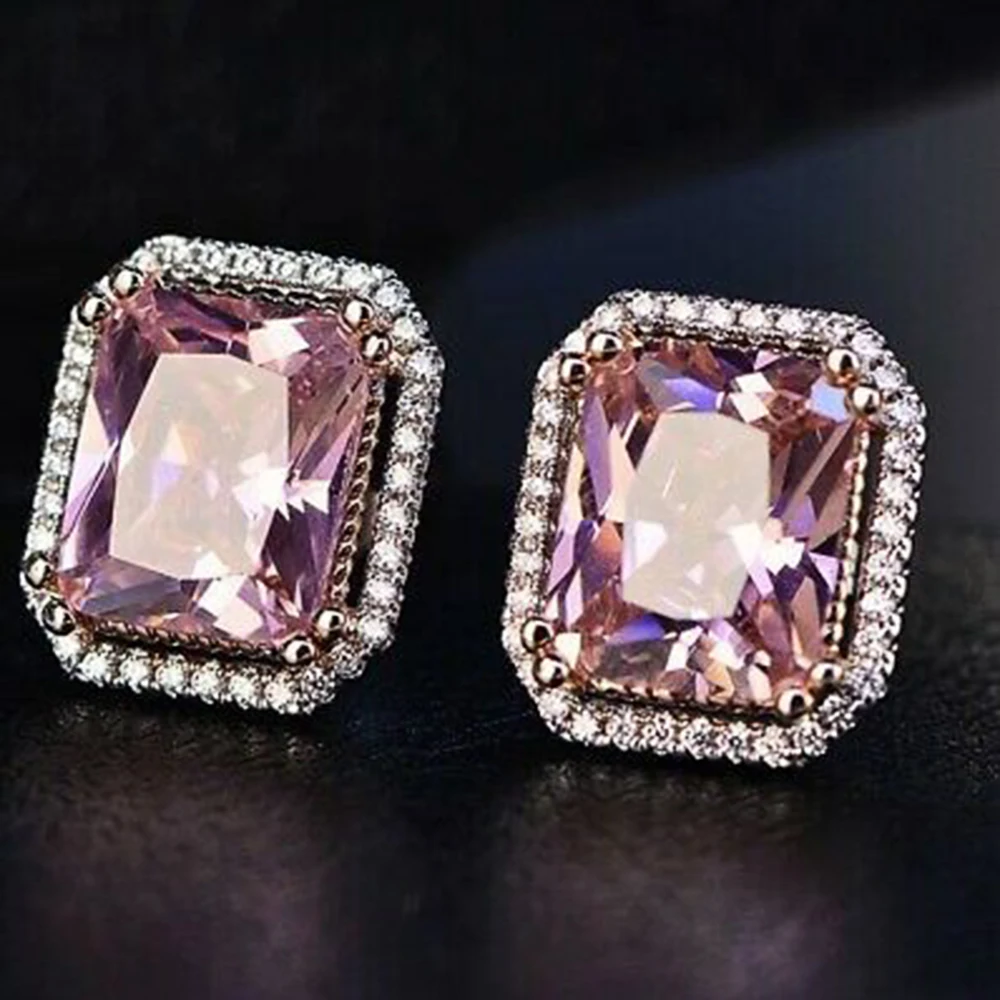 Huitan Gorgeous AAAAA Big Princess Square Pink CZ Stud Earrings Romantic Bridal Wedding Engagement Party Fashion Jewelry Earring