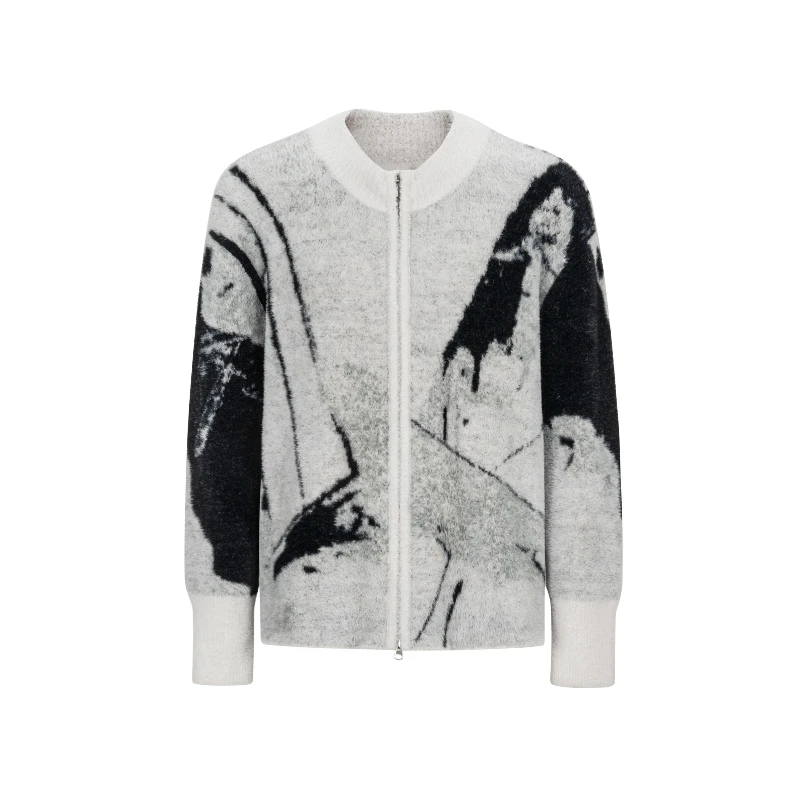 

American Retro Contraste Knitted Cardigan Men Autumn and Winter O-neck Long Sleeve Double-ended Zipper Coat Loose Casual Top