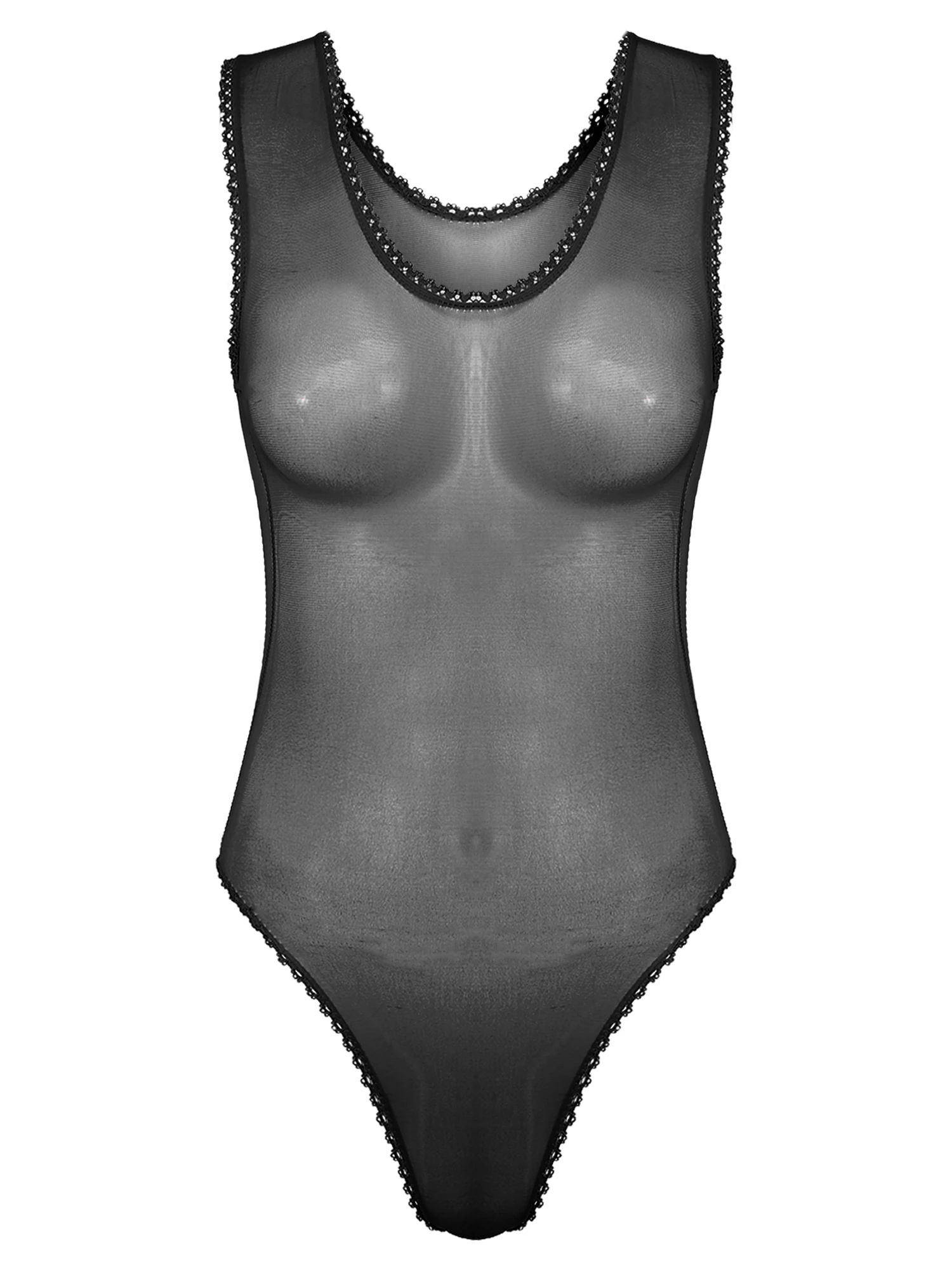 Womens See Through Sheer Unlined Swimsuit One Piece Sleeveless High Cut Thong Leotard Bodysuit Brazilian Swimwear Bathing Suit