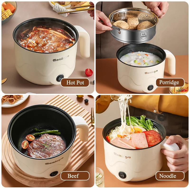 Electric Hot Pot,1.5L Portable with Nonstick Coating,Dual Power Control Multi-Function Electric Cooker for Dorm and Office,White