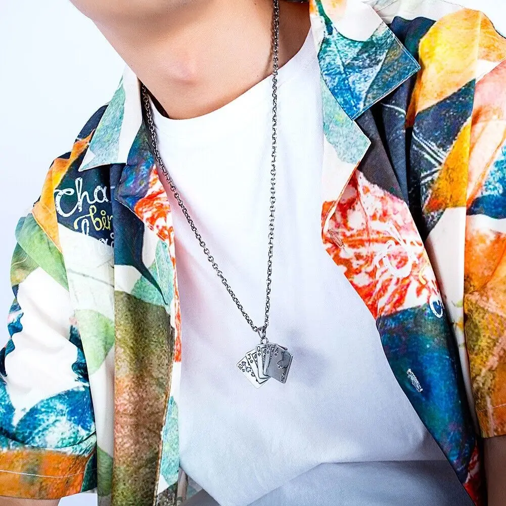 Hiphop Style Stainless Steel Necklace with Good Luck Straight Flush Poker Card Spade Pendant Unisex Fashion Jewelry