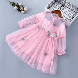 2-8 Years High Quality Spring Autumn Girl Dress New Lace Chiffon Floral Draped Ruched Kid Children Clothing Girl Princess Dress